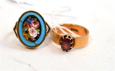 Lot 300 - A garnet ring stamped '15ct' and a micro mosaic ring stamped '9ct'