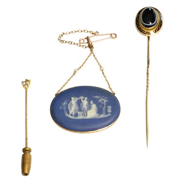 Lot 302 - A Hardstone Stick Pin, the oval cabochon...