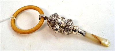 Lot 308 - Child's silver rattle with teething ring