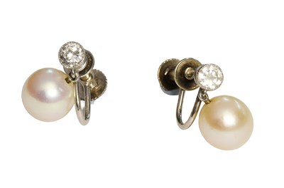 Lot 323 - A Pair of Cultured Pearl and Diamond Earrings,...