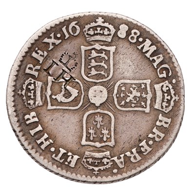 Lot 37 - James II, Sixpence 1688, later shields, B over...