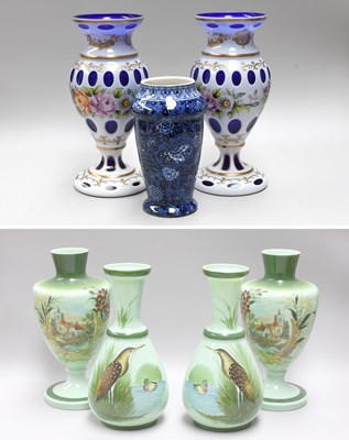 Lot 43 - A Pair of Bohemian White Overlay Blue Glass...