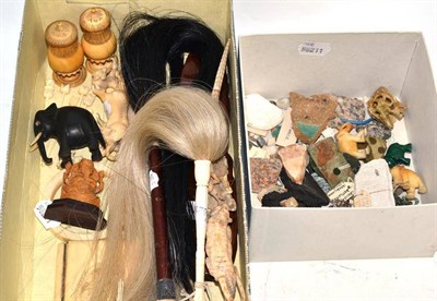 Lot 353 - Two fly whisks, assorted pre-1947 small pieces of ivory and a box of minerals etc