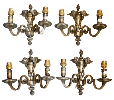 Lot 207 - A Set of Four Patinated Metal Twin Light Wall...