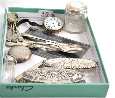 Lot 400 - Two silver pocket watches, flatware, toilet jars etc