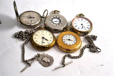 Lot 403 - A silver half hunter pocket watch, silver full hunter pocket watch, nickel plated pocket watch...