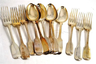 Lot 404 - Six fiddle pattern desserts forks and six spoons (12)