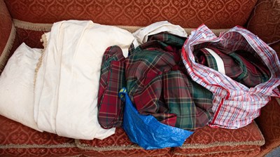 Lot 1299 - Two Pairs of Green and Red Tartan Curtains,...