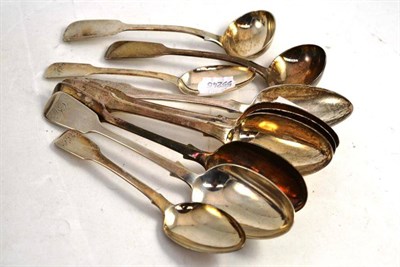 Lot 410 - Six fiddle pattern table spoons, two sauce ladles and two dessert spoons (10)