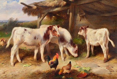 Lot Walter Hunt (1861-1941) Calves feeding beside...
