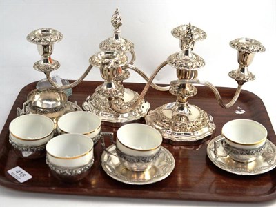 Lot 416 - Pair of candelabra and set of six '800' standard cups and saucer with porcelain liners