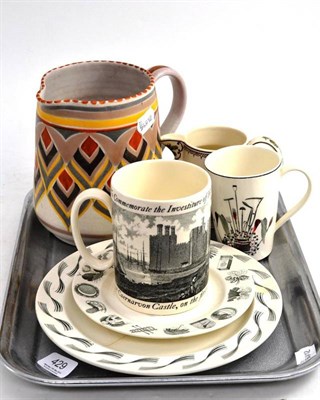 Lot 429 - Wedgwood Ravilious mug and two plates, investiture mug, jug, Poole jug, and USSR 50-year tray