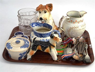 Lot 430 - A pearlware 'God Speed the Plough' jug, dated 1821, J Swindin, Blyth, a set of four World War...