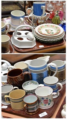 Lot 432 - Ceramics comprising: five mochaware pieces, eight other 19th century mugs, two jugs, a loving...