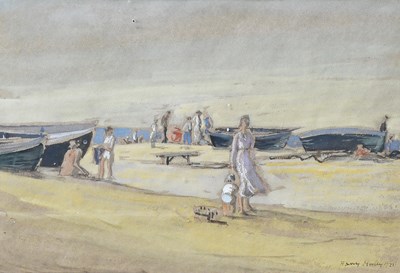 Lot 1243 - Harry Morley (1881-1943) Figures on a beach...