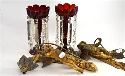 Lot 439 - Pair of ruby glass lustres and drops and a pair of cherub wall lights