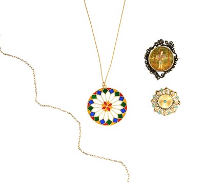 Lot 380 - An Enamel Pendant on Chain, the circular...