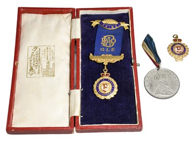 Lot 377 - 9ct gold enamelled medal, together with two...