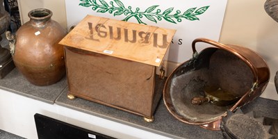 Lot 1495 - An Arts & Crafts Copper Coal Box, with strap...