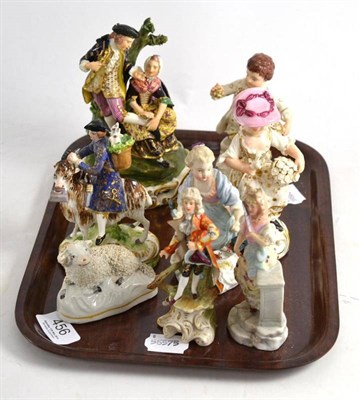 Lot 456 - A Derby porcelain figure group of a lady mending the stockings of a gentleman; a pair of...