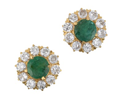Lot 2249 - A Pair of Emerald and Diamond Cluster Earrings...