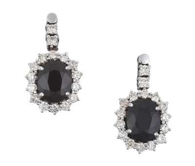 Lot 2266 - A Pair of Sapphire and Diamond Drop Earrings...