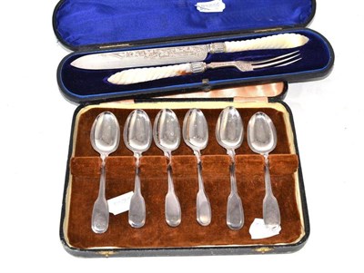 Lot 469 - A cased Victorian mother-of-pearl handled cake knife and fork and a cased set of six fiddle and...