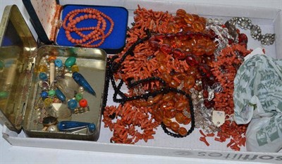 Lot 472 - Assorted jewellery including coral bead necklaces, crystal necklaces, a French jet necklace,...