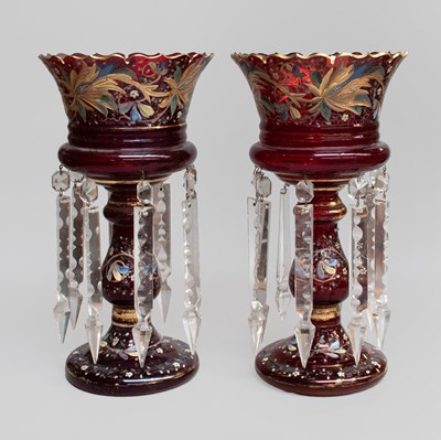 Lot 366 - Pair of Ruby Glass Lustres, with gilt and...