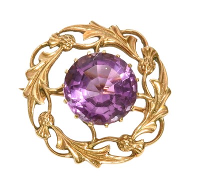 Lot 449 - A 9 Carat Gold Amethyst Brooch, the round cut...