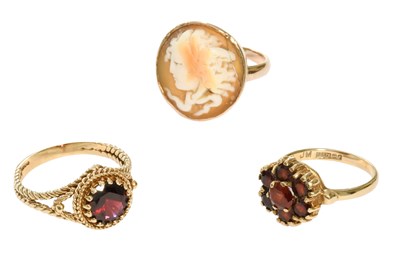 Lot 461 - Two 9 Carat Gold Garnet Rings, finger sizes L...
