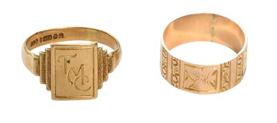 Lot 474 - A 9 Carat Gold Signet Ring, finger size S; and...