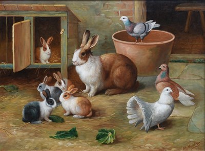 Lot 1213 - Manner of Edgar Hunt Rabbits, pigeon and dove...