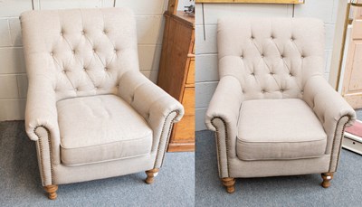 Lot 1546 - A Pair of Modern Buttoned Armchairs, on turned...
