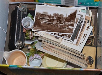 Lot 519 - Mixed collectables including two military pictures, a bundle of postcards, snuff box, camera,...