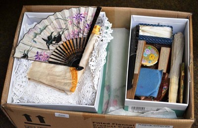 Lot 520 - Small collection of fans, embroidered cloths, crochet cloths, and other pieces of linen