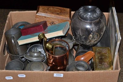 Lot 524 - A quantity of ornamental items including an EPBM tea urn, pewter mugs, jugs and measures, two...