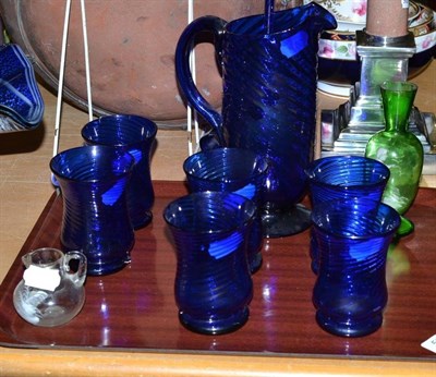 Lot 539 - Blue glass lemonade set and two glass pieces in Mary Gregory style