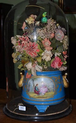 Lot 542 - Blue porcelain musical cache pot with oval painted panels with flowers and bird, under glass dome