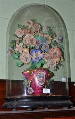 Lot 551 - Musical mechanical dome and stand with pink ground porcelain vase and flowers