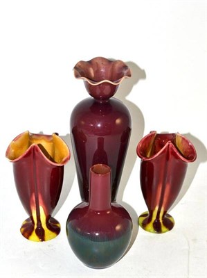 Lot 556 - Two Linthorpe pottery vases, red and yellow glaze, impressed Linthorpe 1422, 13.5cm and 14cm;...