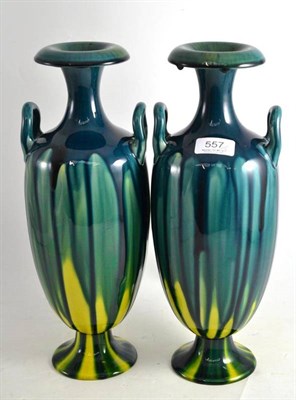 Lot 557 - Pair of Linthorpe pottery twin-handled vases, turquoise and yellow glaze, stamped 'Linthorpe 2159'