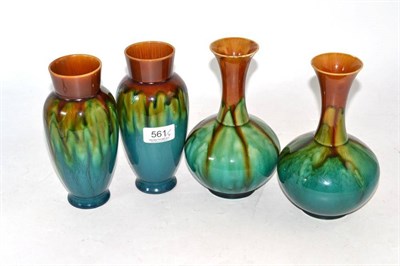 Lot 561 - Two pairs of Linthorpe pottery vases, green/mustard glaze, impressed Linthorpe 1993 and 877 HT...