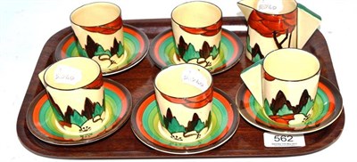 Lot 562 - Set of five Clarice Cliff Limberlost Bon Jour coffee cans and saucers and a milk jug