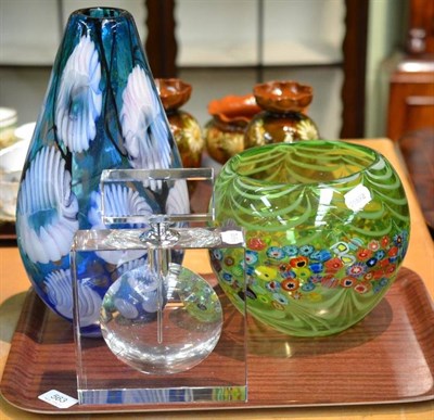 Lot 563 - A large clear glass square section scent bottle, a green globular millefiori vase and a Studio blue