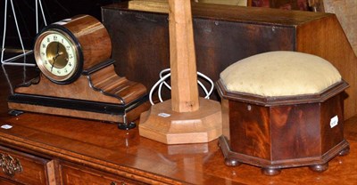 Lot 564 - A striking mantel clock, a mahogany foot stool/sewing box and an oak table lamp (3)