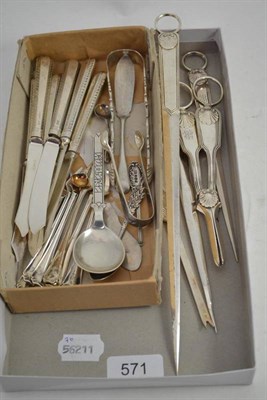 Lot 571 - Set of six toothpicks, silver sugar tongs, silver handled knives, plated meat skewers, and...