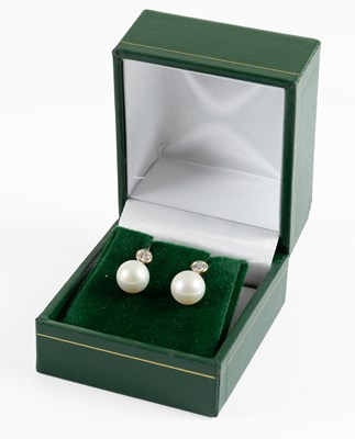 Lot 114 - A Pair of Cultured Pearl and Diamond Drop...