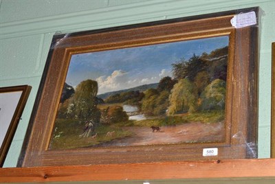 Lot 580 - H*W* Holder (19th century), Ladies and their hounds strolling in a river landscape, Signed and...