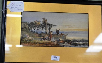 Lot 588 - James Vivien de Fleury (Mid 19th Century), Figures unloading a boat on a Continental lakeside,...